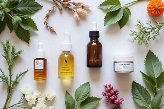 A variety of natural cosmetic products and botanicals, symbolizing natural beauty.