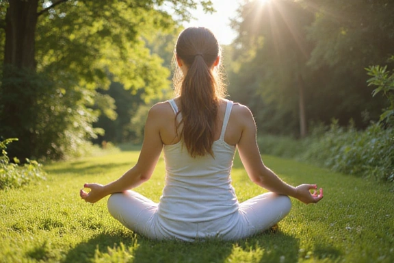 A woman meditating in a serene natural setting, symbolizing inner peace and wellness.