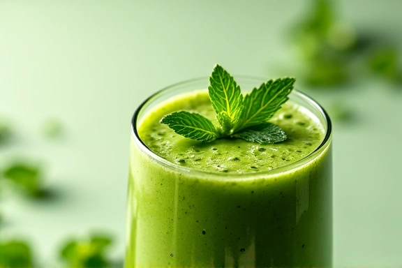 A vibrant green smoothie, representing healthy detox and cleansing.