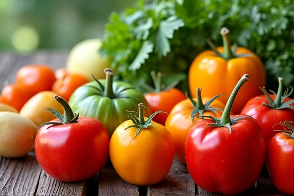 Fresh fruits and vegetables arranged artfully, representing healthy nutrition.
