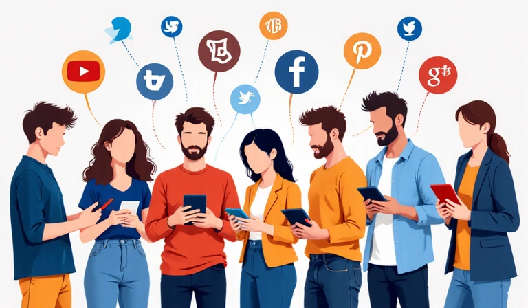 People connecting on social media with various devices